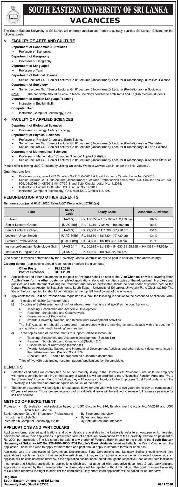 Professor, Senior Lecturer, Lecturer, Instructor (Computer Technology, English) - South Eastern University